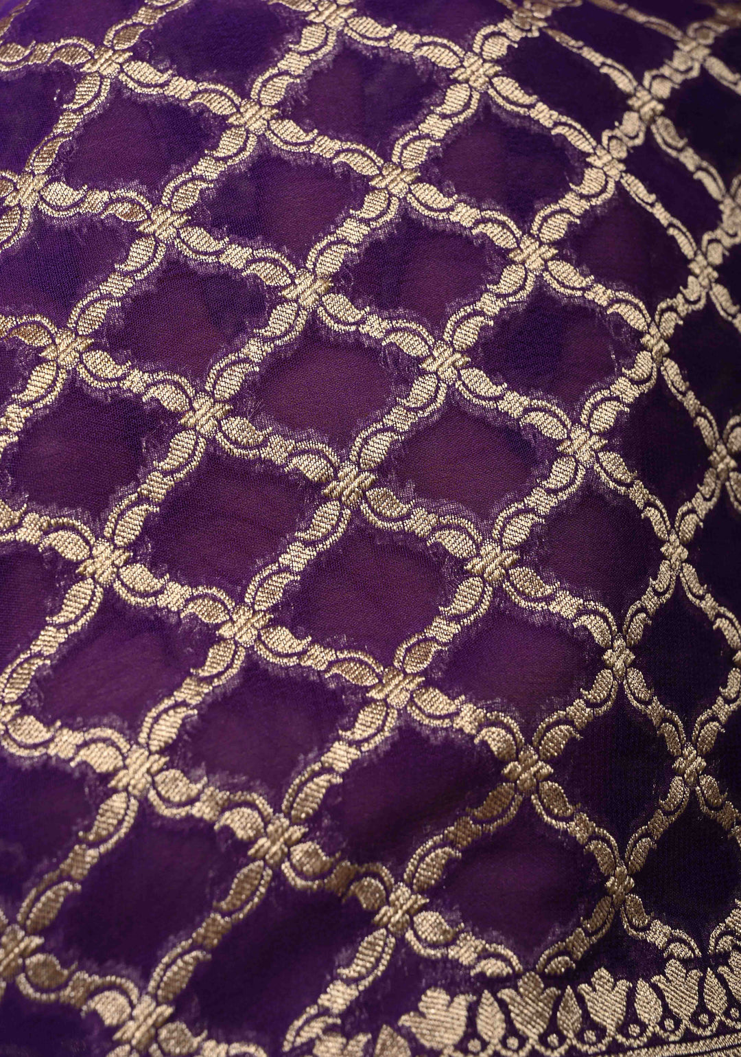 Eggplant Purple Banarasi Georgette Silk Saree with Geomatric Jaal and Zari Border | SILK MARK CERTIFIED