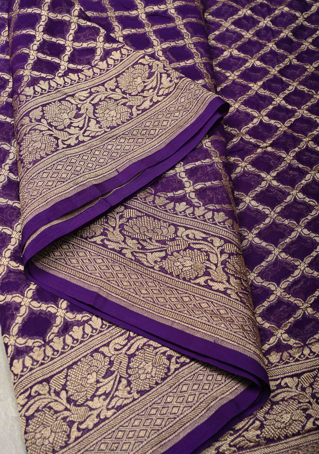 Eggplant Purple Banarasi Georgette Silk Saree with Geomatric Jaal and Zari Border | SILK MARK CERTIFIED