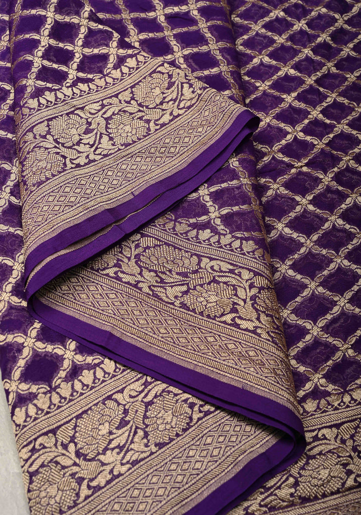 Eggplant Purple Banarasi Georgette Silk Saree with Geomatric Jaal and Zari Border | SILK MARK CERTIFIED