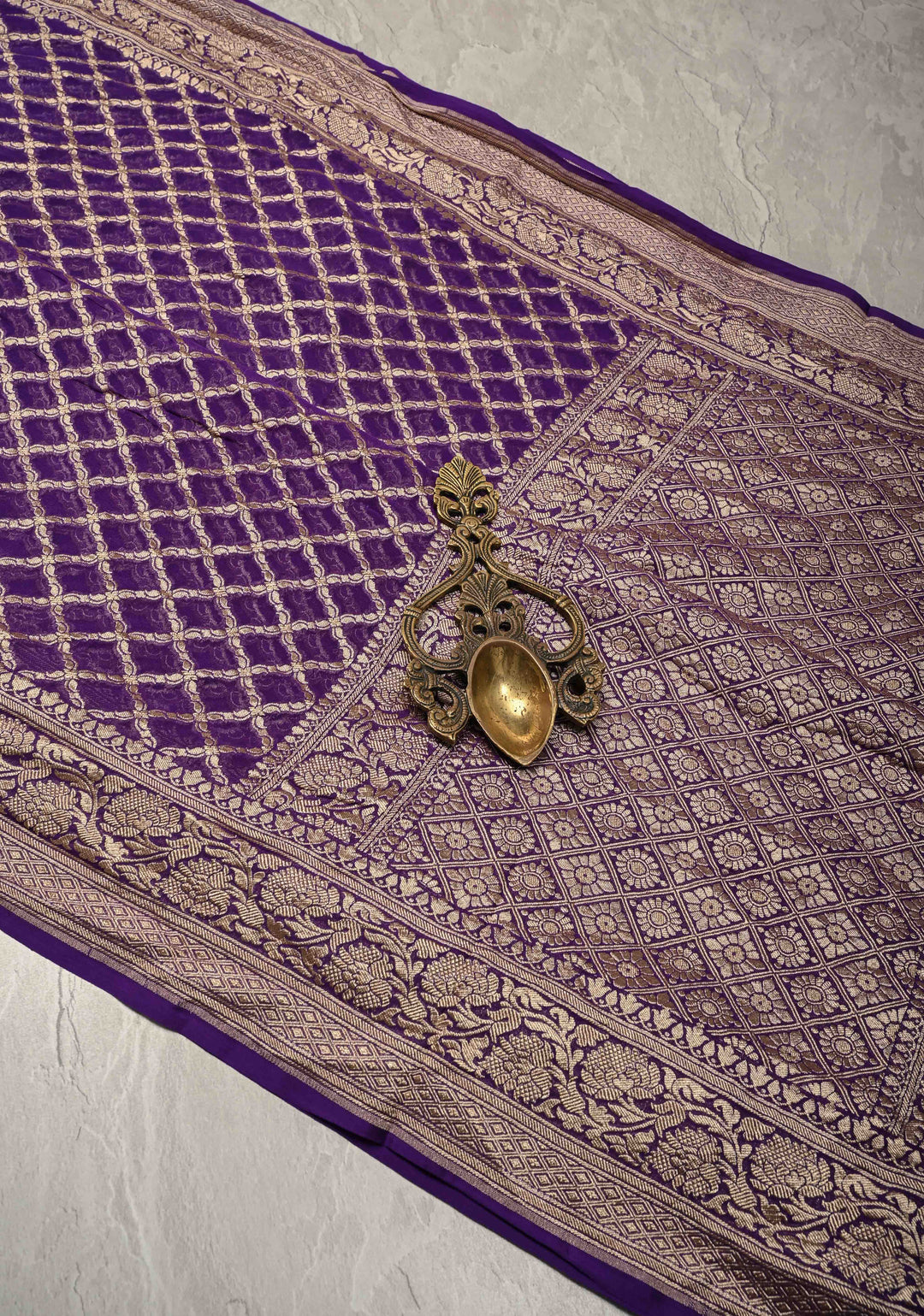Eggplant Purple Banarasi Georgette Silk Saree with Geomatric Jaal and Zari Border | SILK MARK CERTIFIED