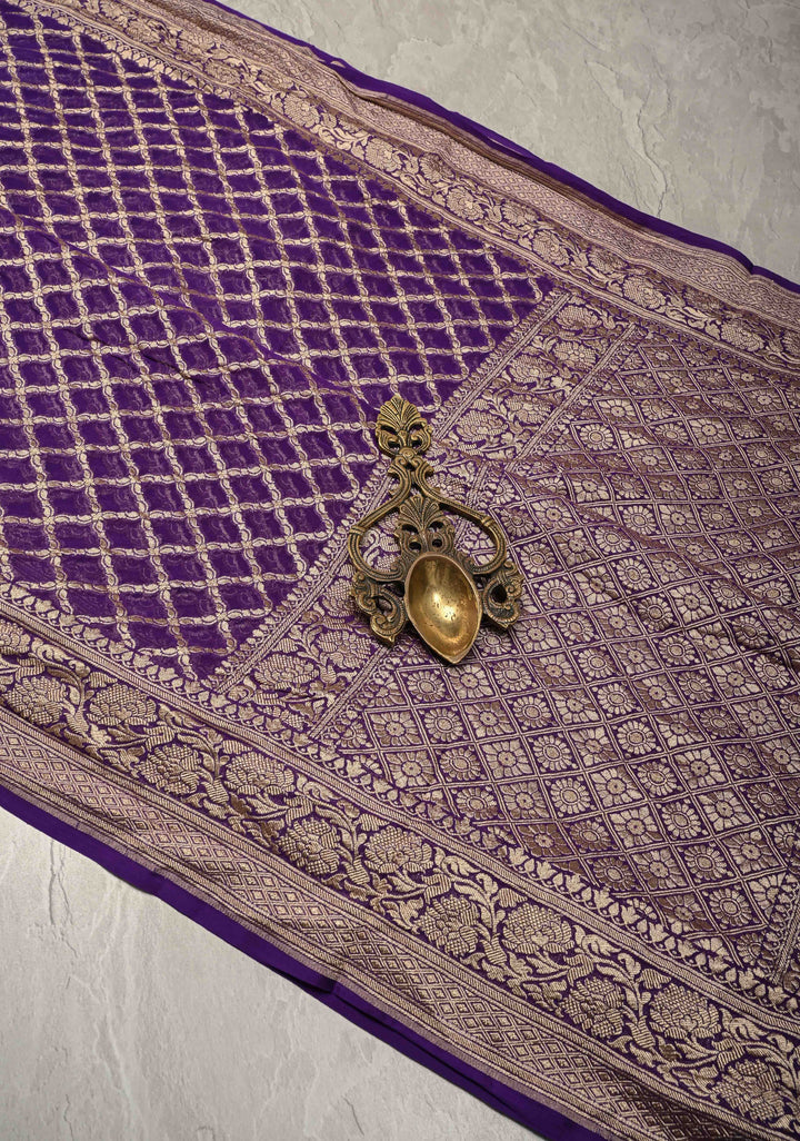 Eggplant Purple Banarasi Georgette Silk Saree with Geomatric Jaal and Zari Border | SILK MARK CERTIFIED