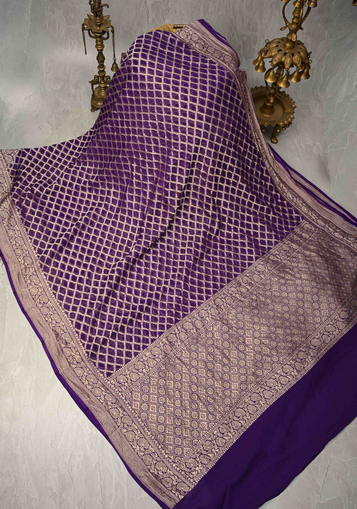 Eggplant Purple Banarasi Georgette Silk Saree with Geomatric Jaal and Zari Border | SILK MARK CERTIFIED
