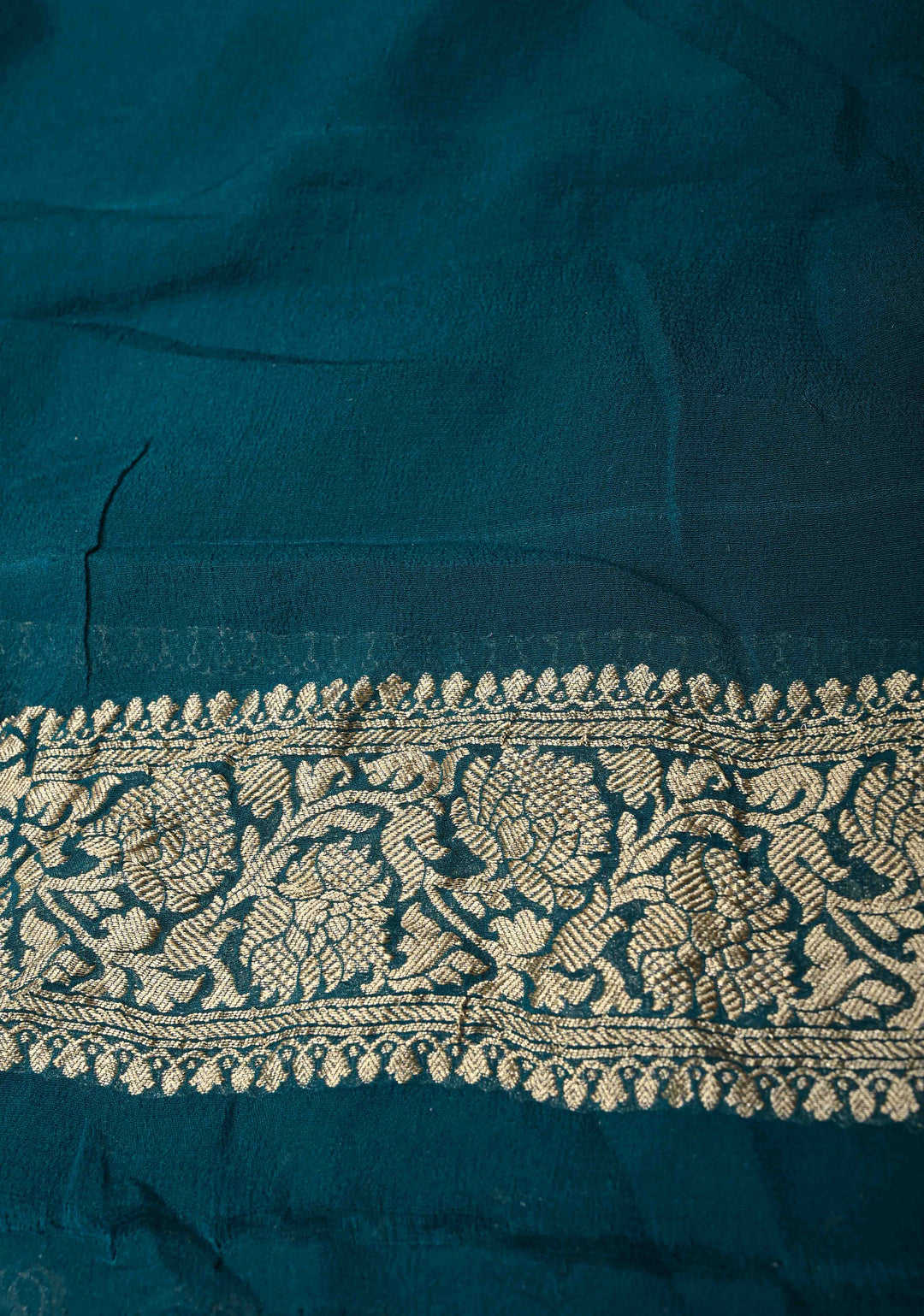 Teal Banarasi Silk Georgette Silk Saree with Geomatric Jaal and Zari Border | SILK MARK CERTIFIED