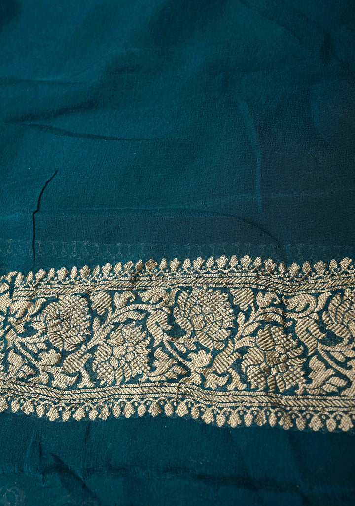 Teal Banarasi Silk Georgette Silk Saree with Geomatric Jaal and Zari Border | SILK MARK CERTIFIED