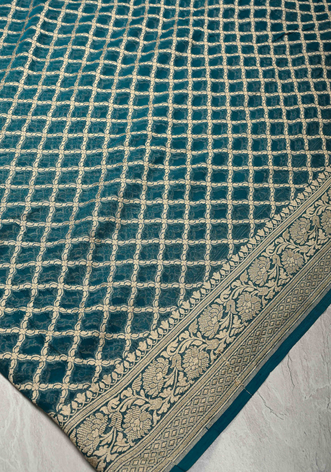 Teal Banarasi Silk Georgette Silk Saree with Geomatric Jaal and Zari Border | SILK MARK CERTIFIED