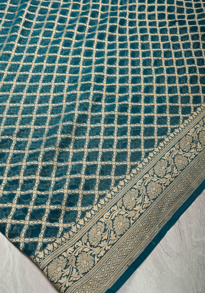 Teal Banarasi Silk Georgette Silk Saree with Geomatric Jaal and Zari Border | SILK MARK CERTIFIED