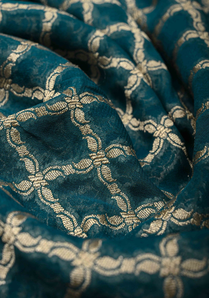 Teal Banarasi Silk Georgette Silk Saree with Geomatric Jaal and Zari Border | SILK MARK CERTIFIED