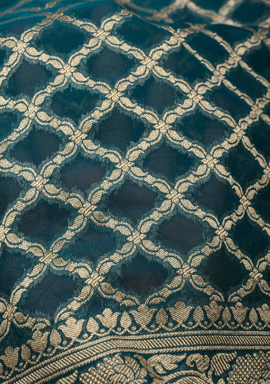 Teal Banarasi Silk Georgette Silk Saree with Geomatric Jaal and Zari Border | SILK MARK CERTIFIED