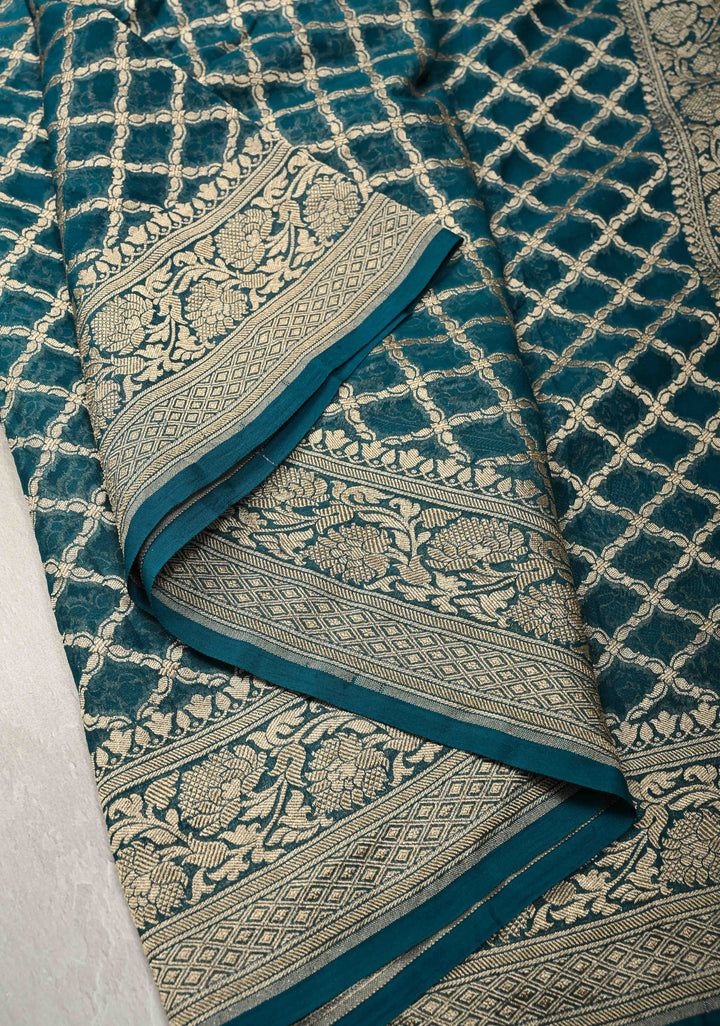Teal Banarasi Silk Georgette Silk Saree with Geomatric Jaal and Zari Border | SILK MARK CERTIFIED