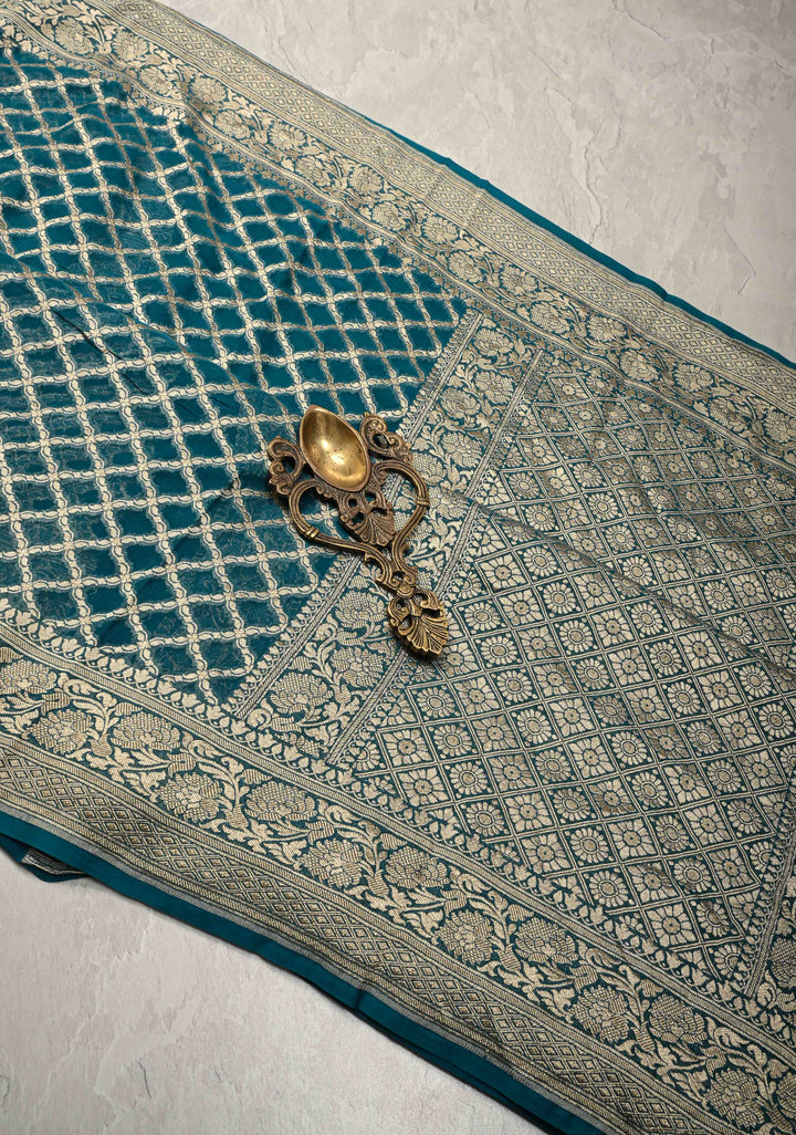 Teal Banarasi Silk Georgette Silk Saree with Geomatric Jaal and Zari Border | SILK MARK CERTIFIED