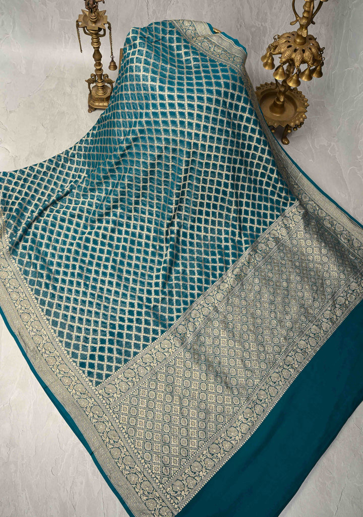 Teal Banarasi Silk Georgette Silk Saree with Geomatric Jaal and Zari Border | SILK MARK CERTIFIED