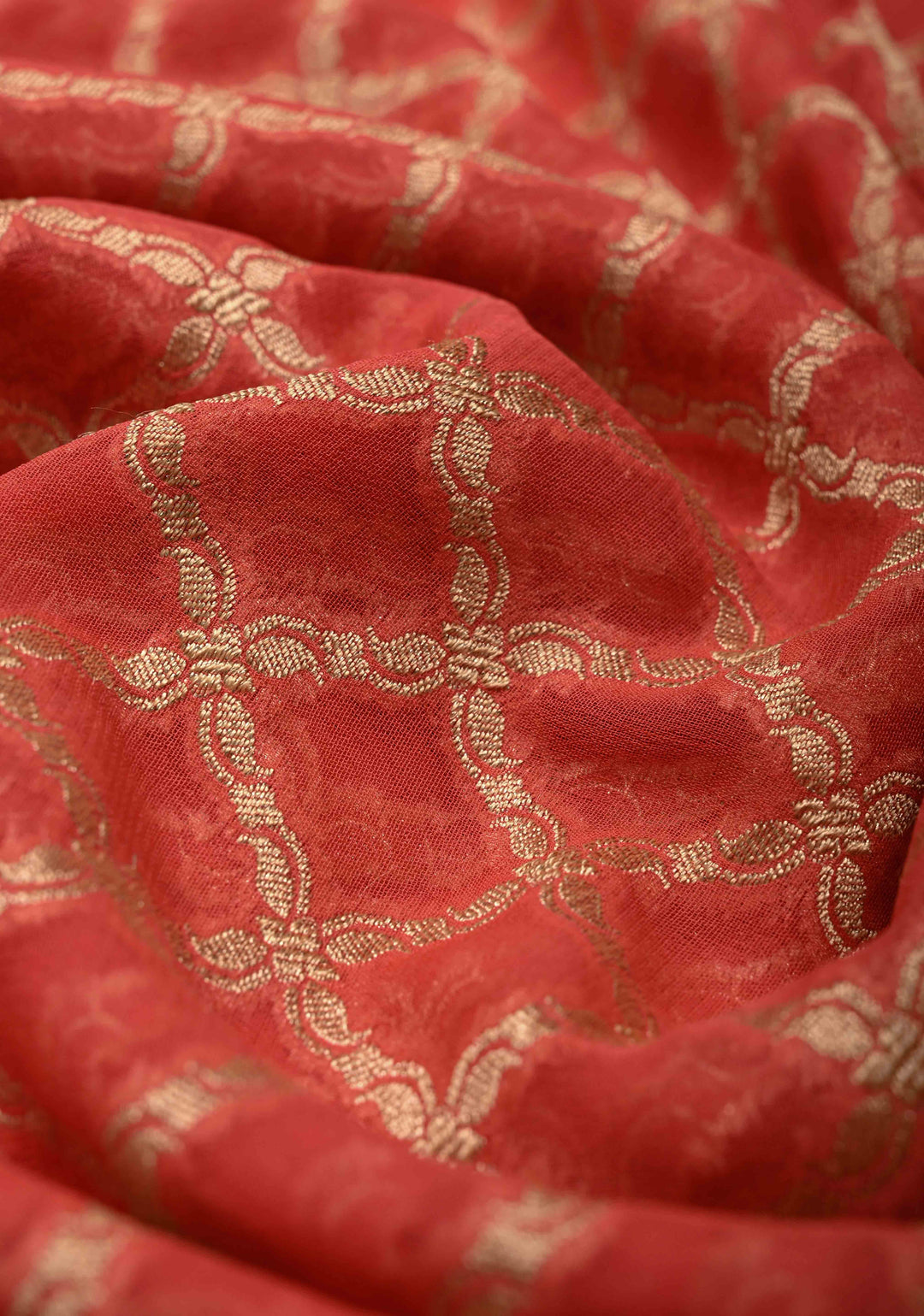 Orange Banarasi Georgette Silk Saree with Geomatric Jaal and Zari Border | SILK MARK CERTIFIED