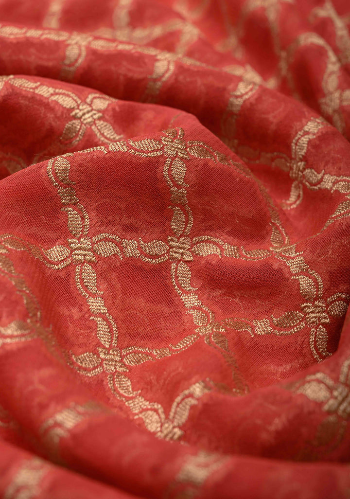 Orange Banarasi Georgette Silk Saree with Geomatric Jaal and Zari Border | SILK MARK CERTIFIED