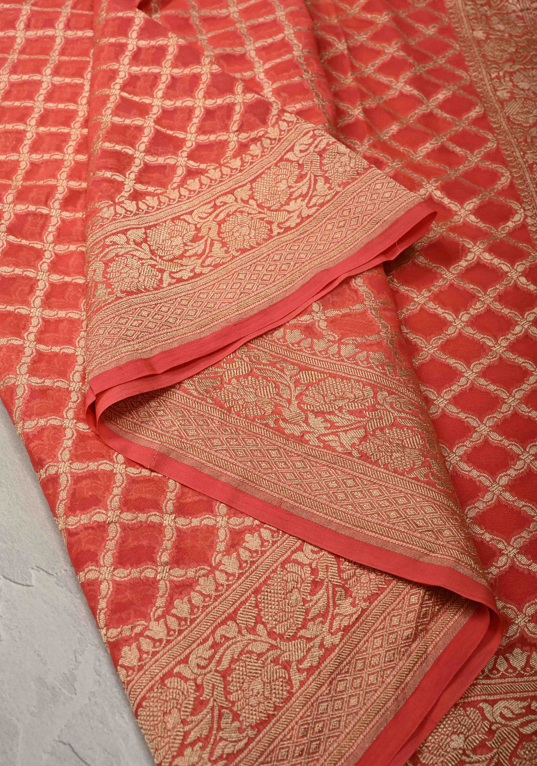 Orange Banarasi Georgette Silk Saree with Geomatric Jaal and Zari Border | SILK MARK CERTIFIED