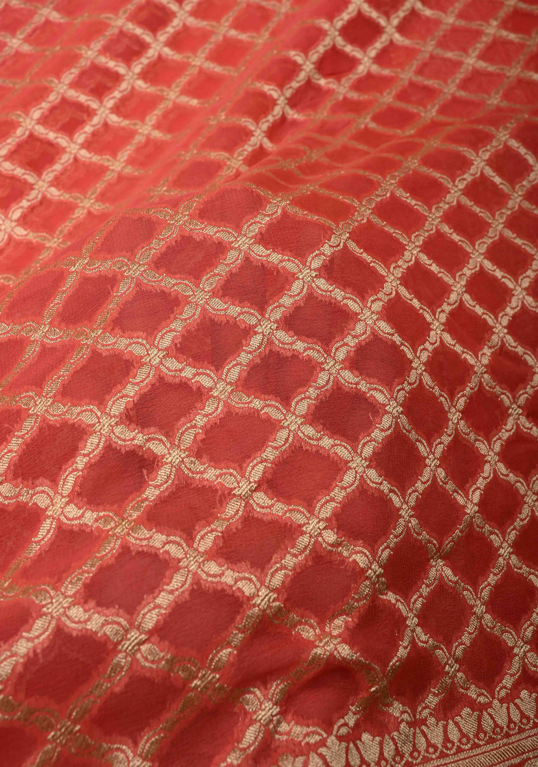 Orange Banarasi Georgette Silk Saree with Geomatric Jaal and Zari Border | SILK MARK CERTIFIED