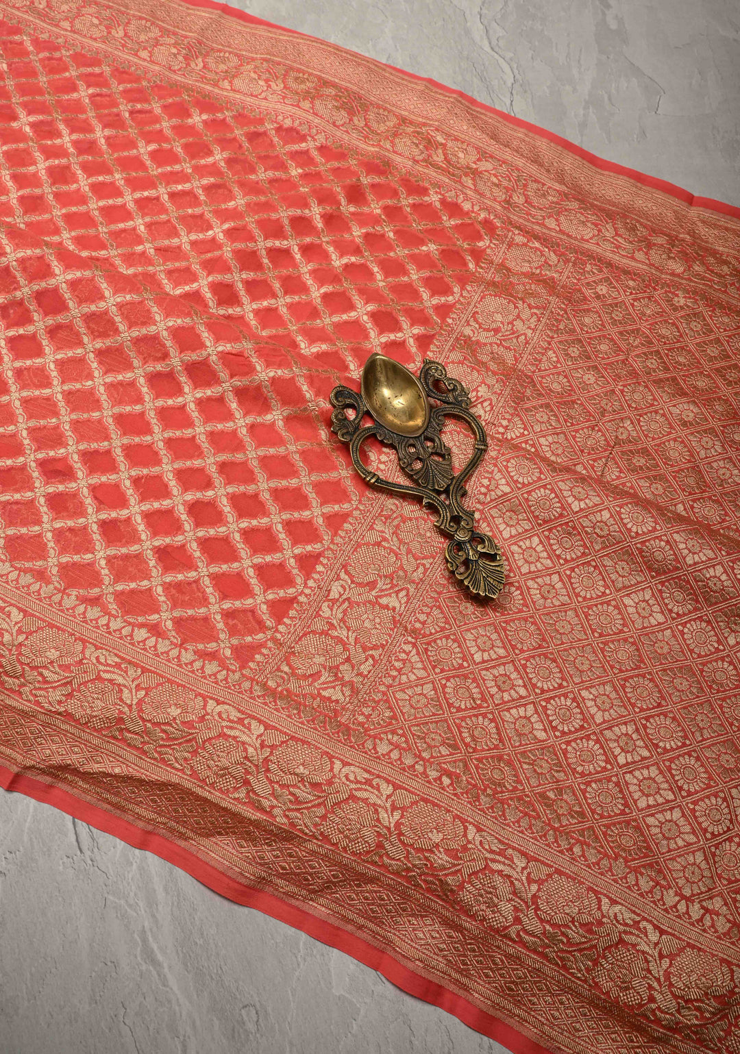 Orange Banarasi Georgette Silk Saree with Geomatric Jaal and Zari Border | SILK MARK CERTIFIED