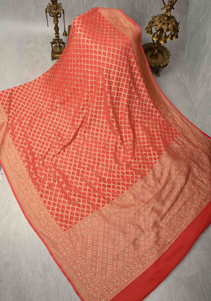 Orange Banarasi Georgette Silk Saree with Geomatric Jaal and Zari Border | SILK MARK CERTIFIED