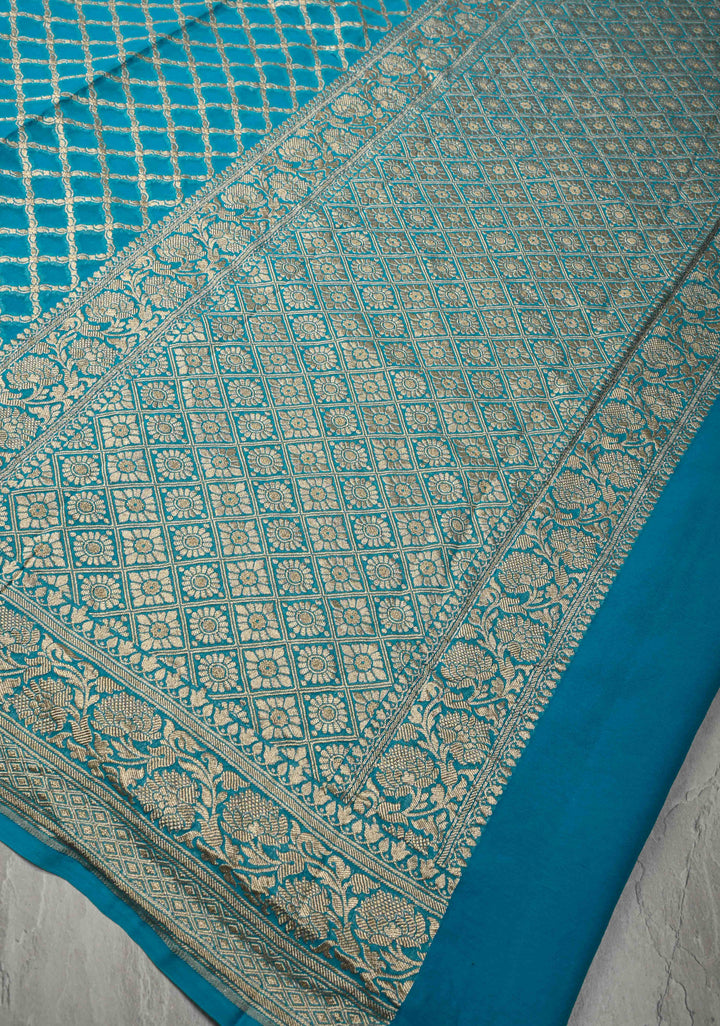 Turquoise Banarasi Georgette Silk Saree with Geomatric Jaal and Zari Border | SILK MARK CERTIFIED