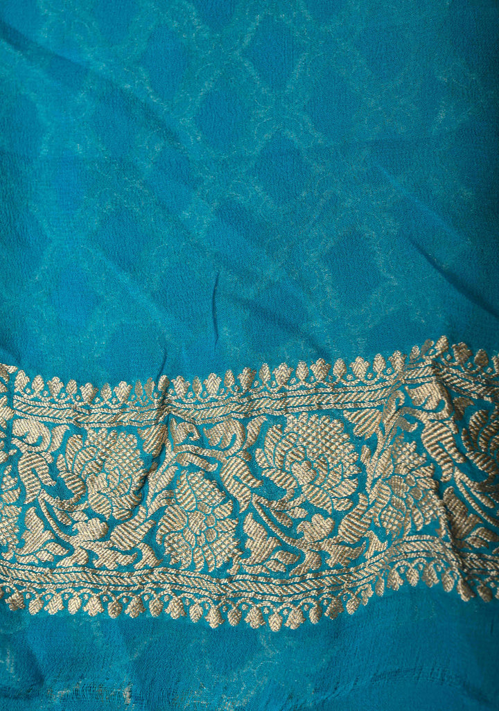Turquoise Banarasi Georgette Silk Saree with Geomatric Jaal and Zari Border | SILK MARK CERTIFIED