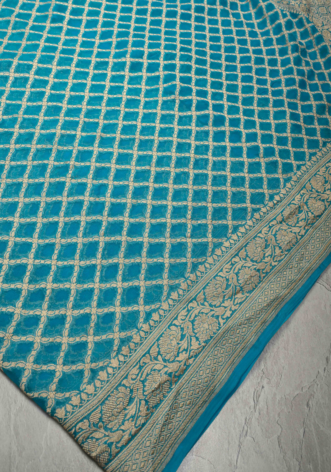 Turquoise Banarasi Georgette Silk Saree with Geomatric Jaal and Zari Border | SILK MARK CERTIFIED