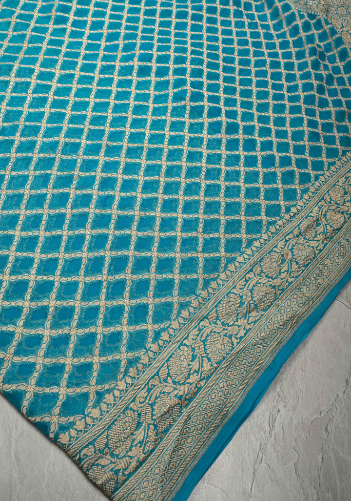 Turquoise Banarasi Georgette Silk Saree with Geomatric Jaal and Zari Border | SILK MARK CERTIFIED