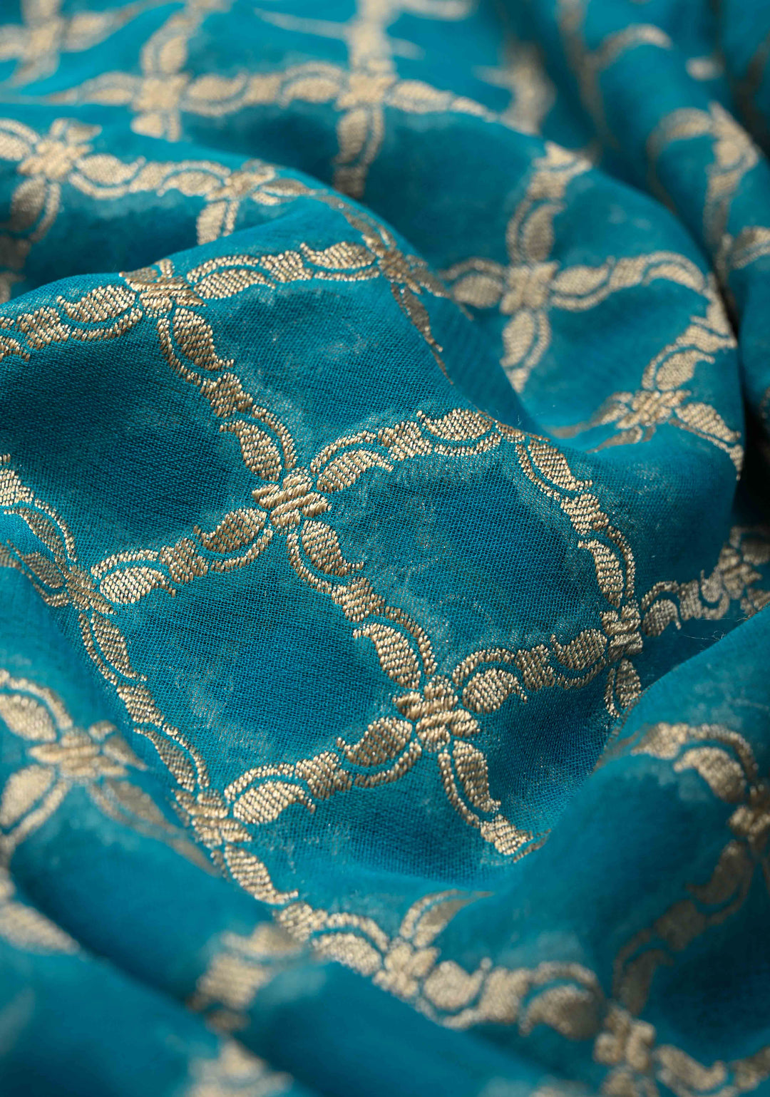 Turquoise Banarasi Georgette Silk Saree with Geomatric Jaal and Zari Border | SILK MARK CERTIFIED