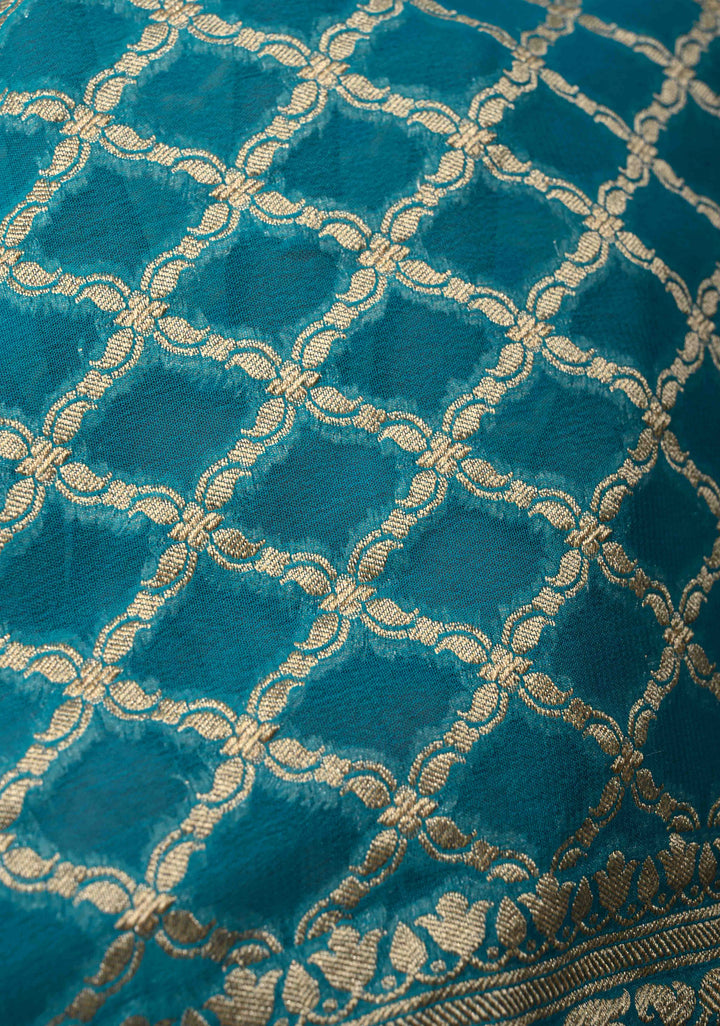 Turquoise Banarasi Georgette Silk Saree with Geomatric Jaal and Zari Border | SILK MARK CERTIFIED
