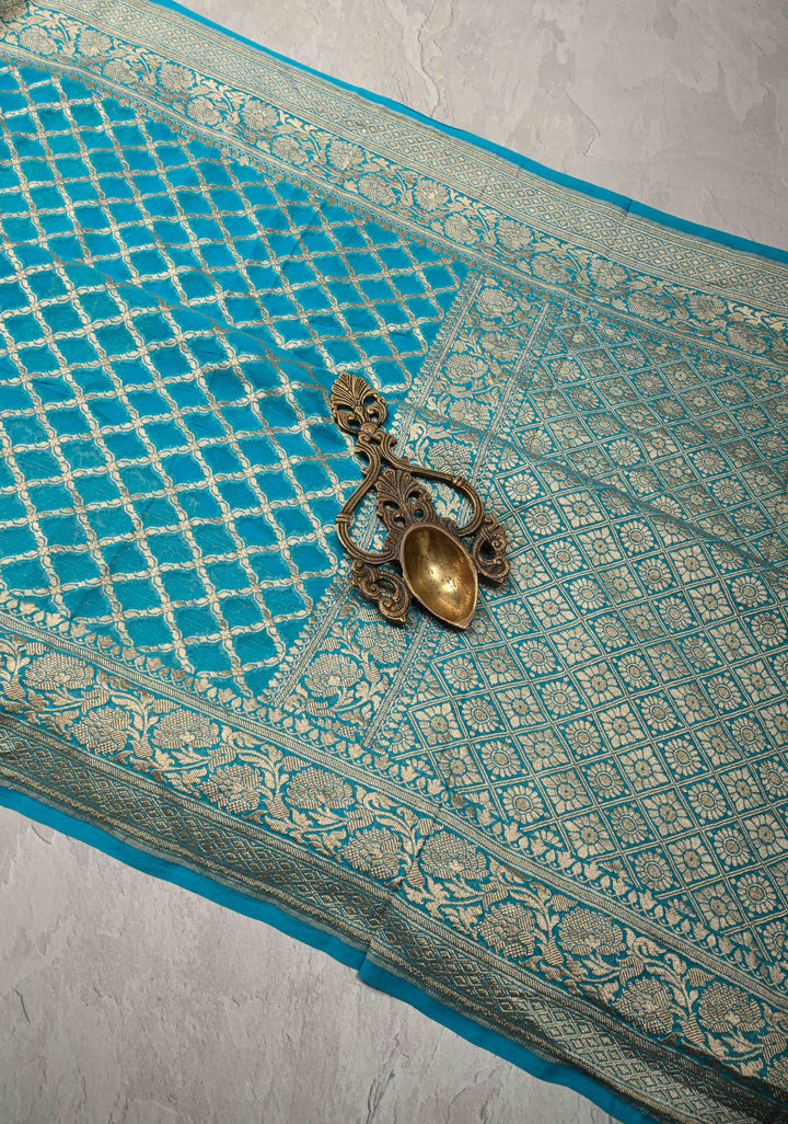 Turquoise Banarasi Georgette Silk Saree with Geomatric Jaal and Zari Border | SILK MARK CERTIFIED