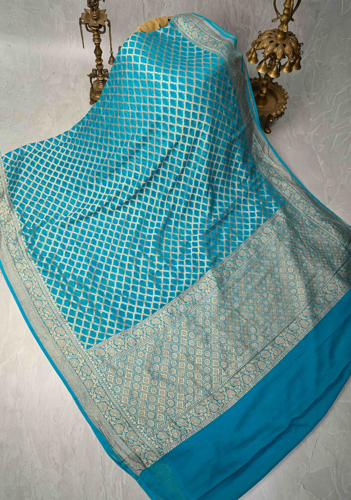 Turquoise Banarasi Georgette Silk Saree with Geomatric Jaal and Zari Border | SILK MARK CERTIFIED