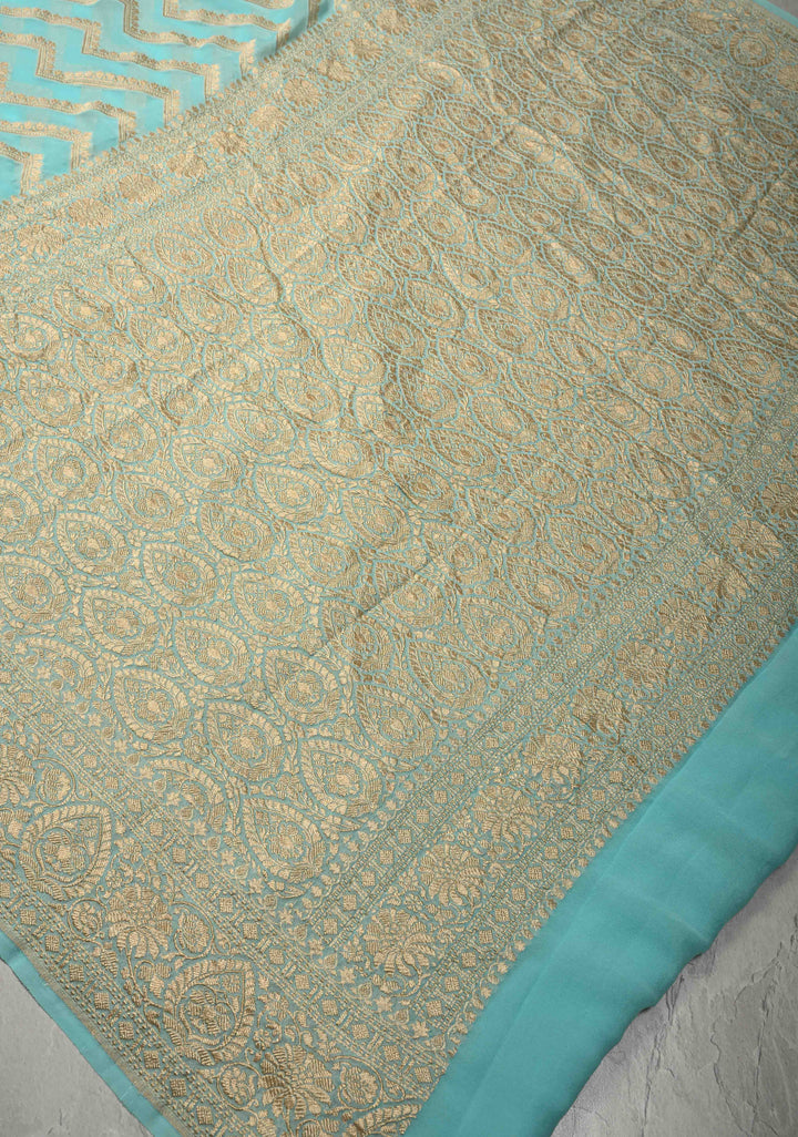 Aqua Blue Banarasi Georgette Silk Saree with Chevron Patterns and Zari Border | SILK MARK CERTIFIED