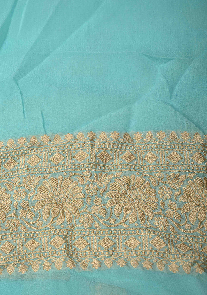 Aqua Blue Banarasi Georgette Silk Saree with Chevron Patterns and Zari Border | SILK MARK CERTIFIED