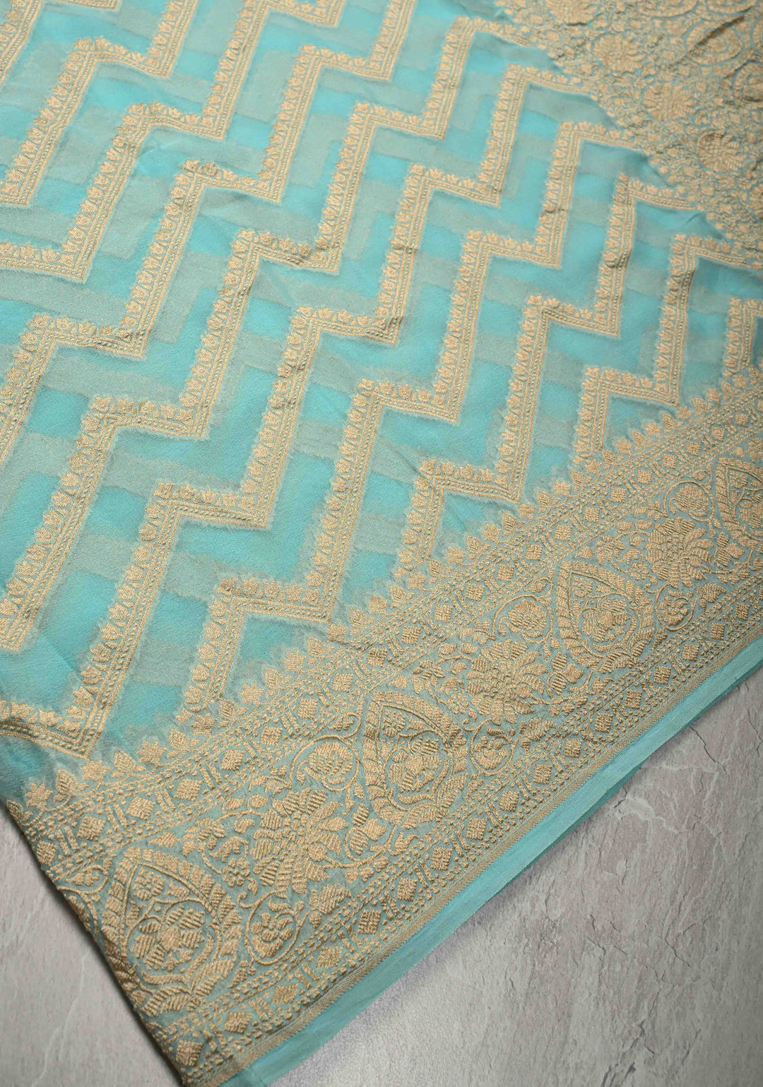 Aqua Blue Banarasi Georgette Silk Saree with Chevron Patterns and Zari Border | SILK MARK CERTIFIED
