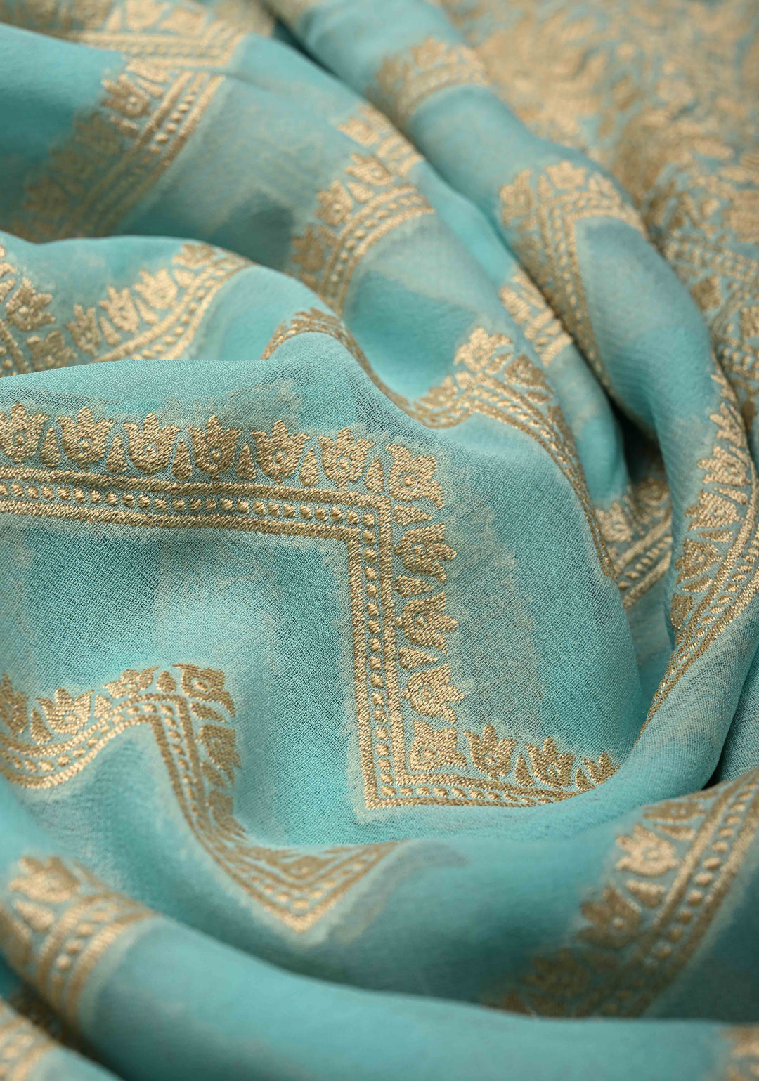 Aqua Blue Banarasi Georgette Silk Saree with Chevron Patterns and Zari Border | SILK MARK CERTIFIED