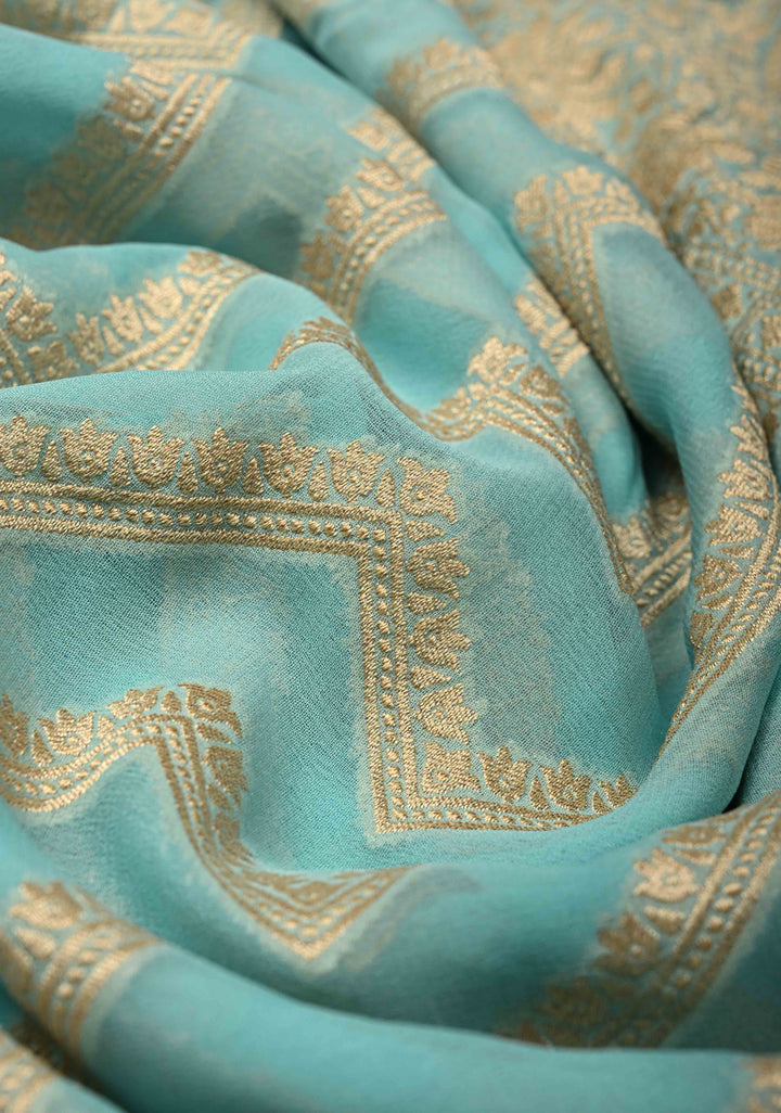 Aqua Blue Banarasi Georgette Silk Saree with Chevron Patterns and Zari Border | SILK MARK CERTIFIED