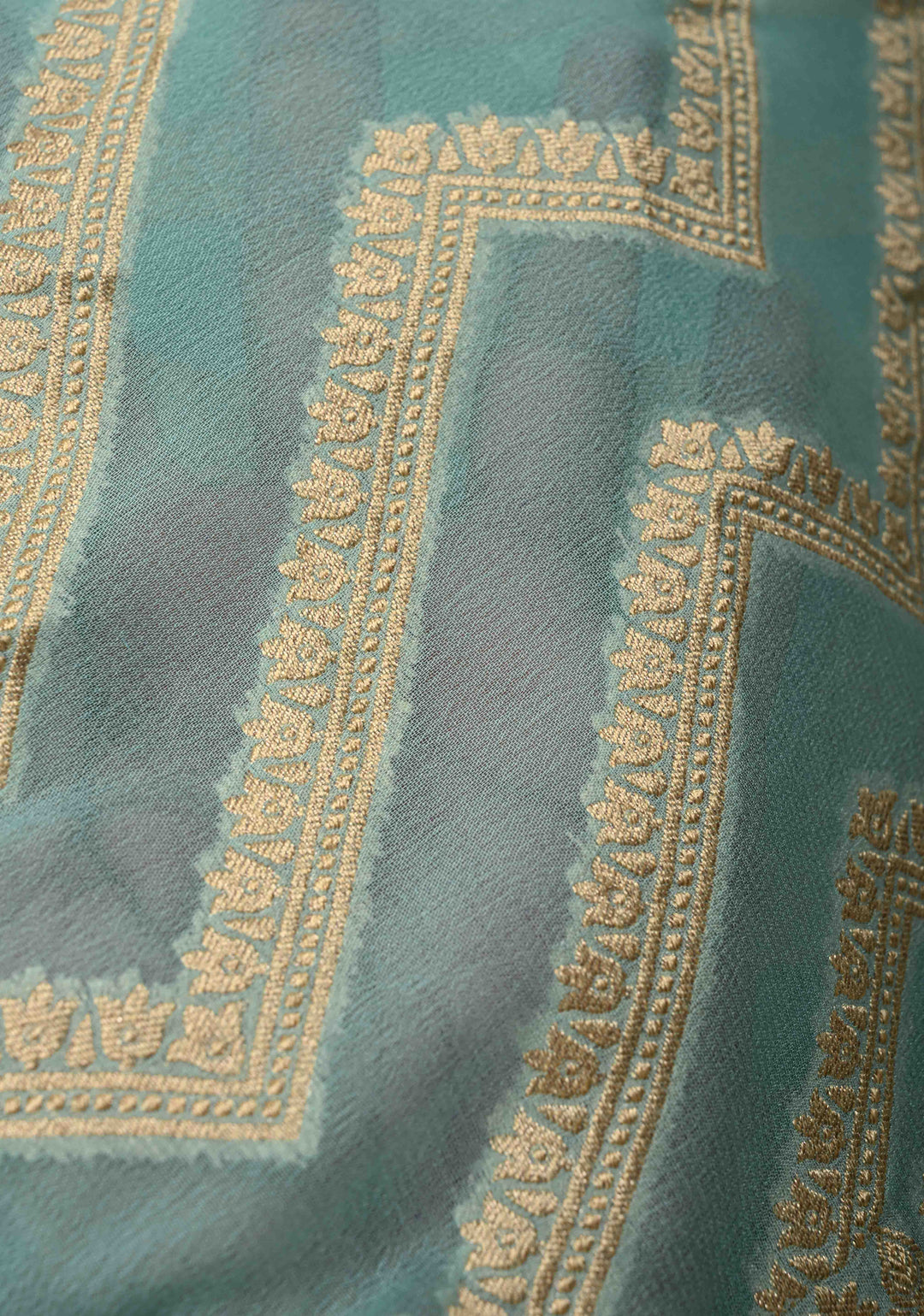 Aqua Blue Banarasi Georgette Silk Saree with Chevron Patterns and Zari Border | SILK MARK CERTIFIED