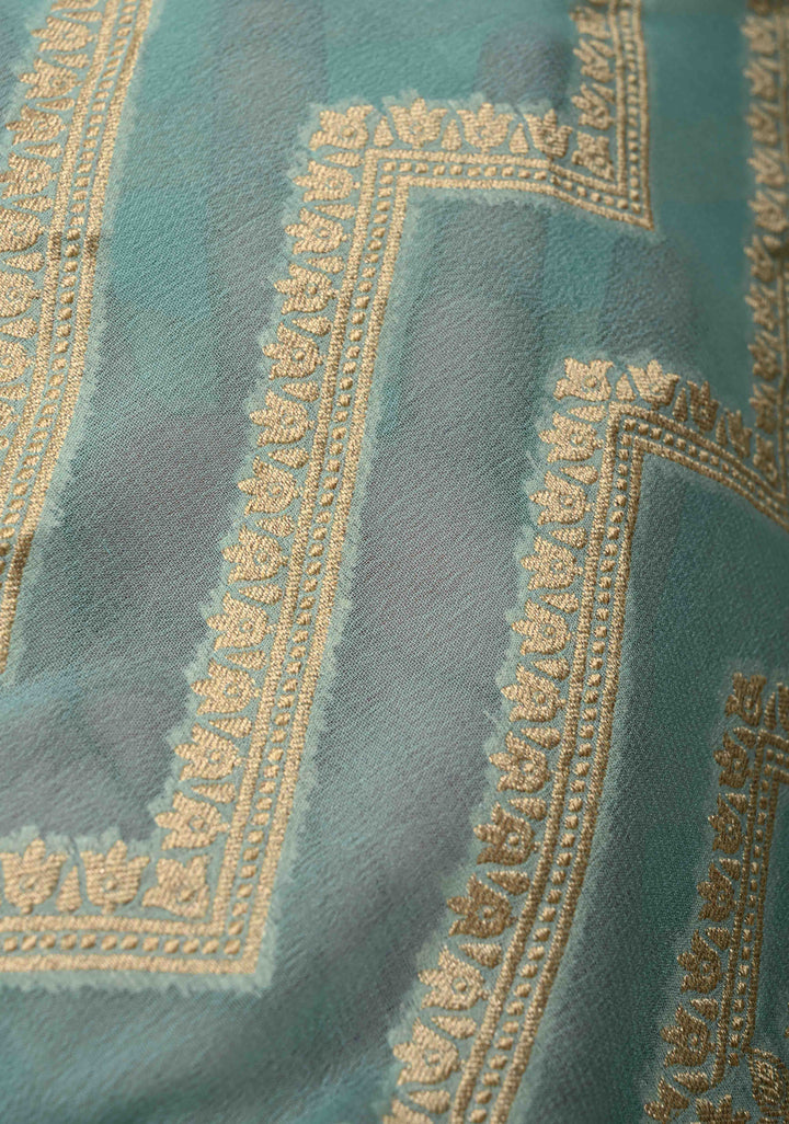 Aqua Blue Banarasi Georgette Silk Saree with Chevron Patterns and Zari Border | SILK MARK CERTIFIED