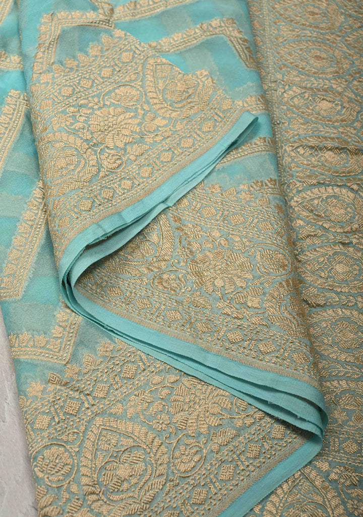 Aqua Blue Banarasi Georgette Silk Saree with Chevron Patterns and Zari Border | SILK MARK CERTIFIED