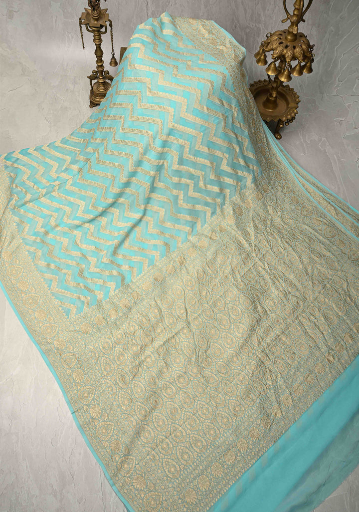 Aqua Blue Banarasi Georgette Silk Saree with Chevron Patterns and Zari Border | SILK MARK CERTIFIED