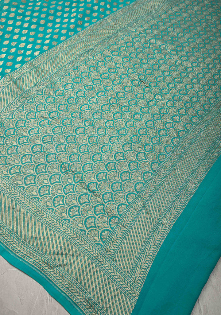 Cyan Banarasi Georgette Silk Saree with Floral Butta and Zari Border | SILK MARK CERTIFIED