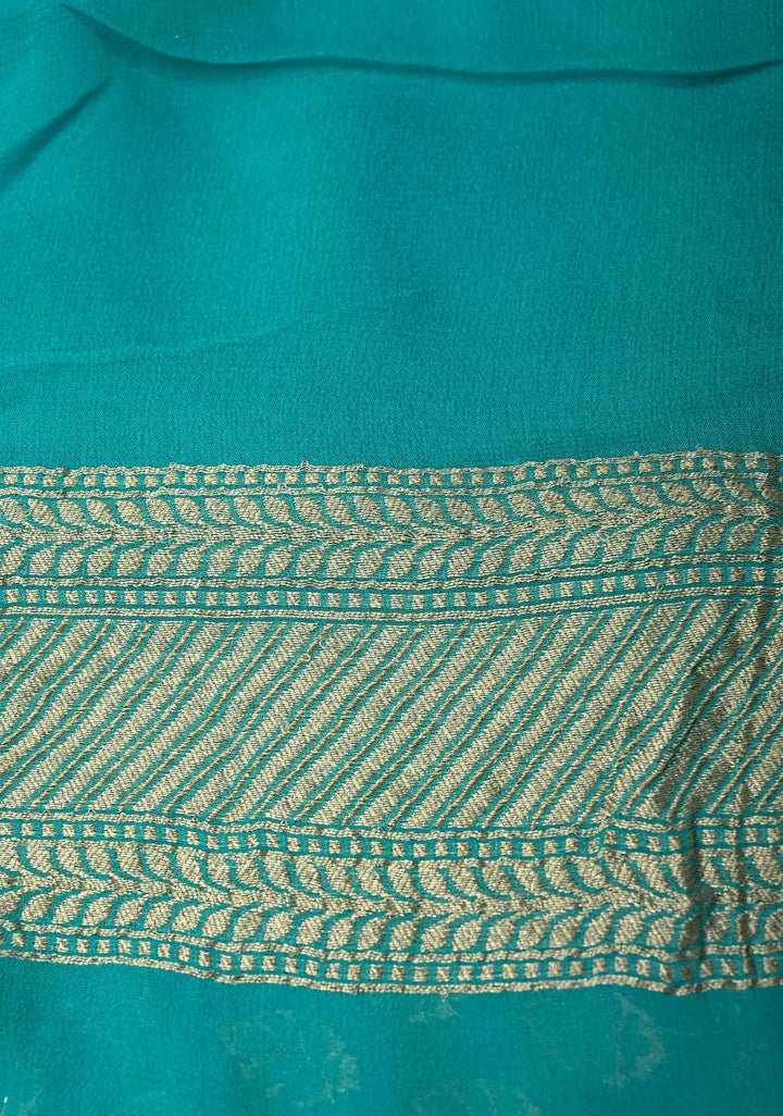 Cyan Banarasi Georgette Silk Saree with Floral Butta and Zari Border | SILK MARK CERTIFIED