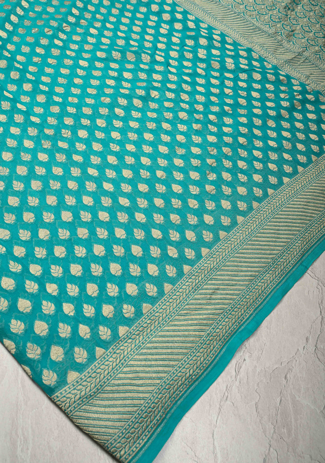 Cyan Banarasi Georgette Silk Saree with Floral Butta and Zari Border | SILK MARK CERTIFIED