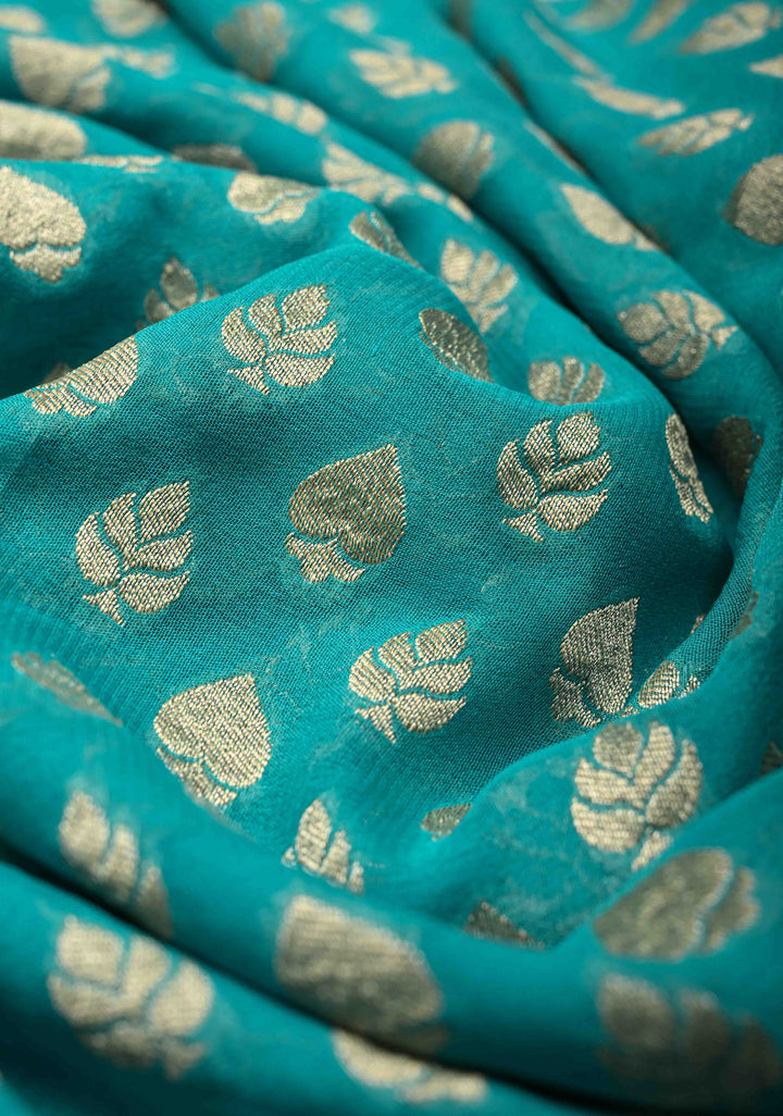 Cyan Banarasi Georgette Silk Saree with Floral Butta and Zari Border | SILK MARK CERTIFIED