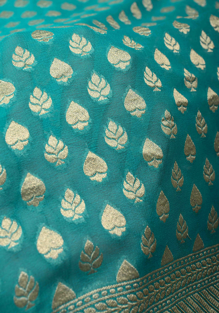 Cyan Banarasi Georgette Silk Saree with Floral Butta and Zari Border | SILK MARK CERTIFIED