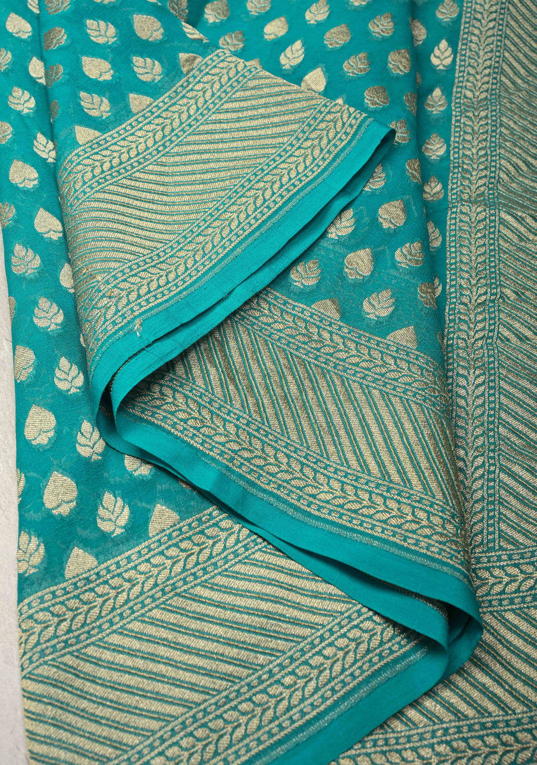 Cyan Banarasi Georgette Silk Saree with Floral Butta and Zari Border | SILK MARK CERTIFIED