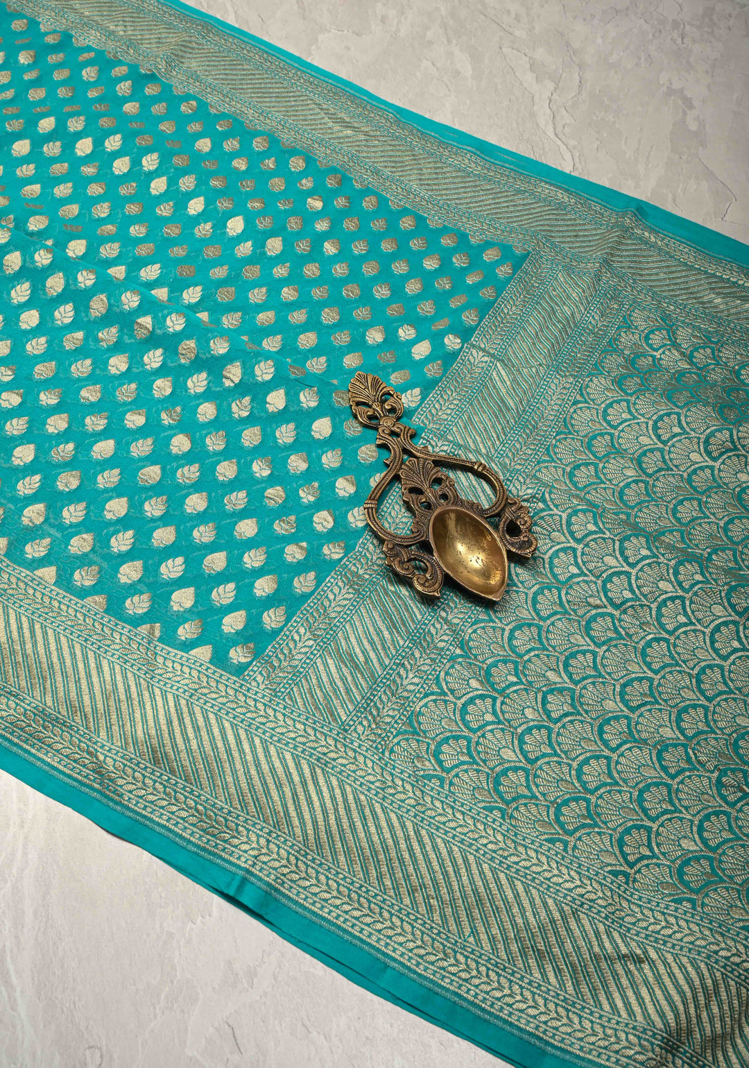 Cyan Banarasi Georgette Silk Saree with Floral Butta and Zari Border | SILK MARK CERTIFIED