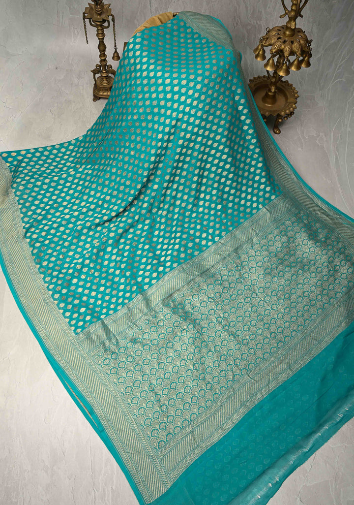 Cyan Banarasi Georgette Silk Saree with Floral Butta and Zari Border | SILK MARK CERTIFIED