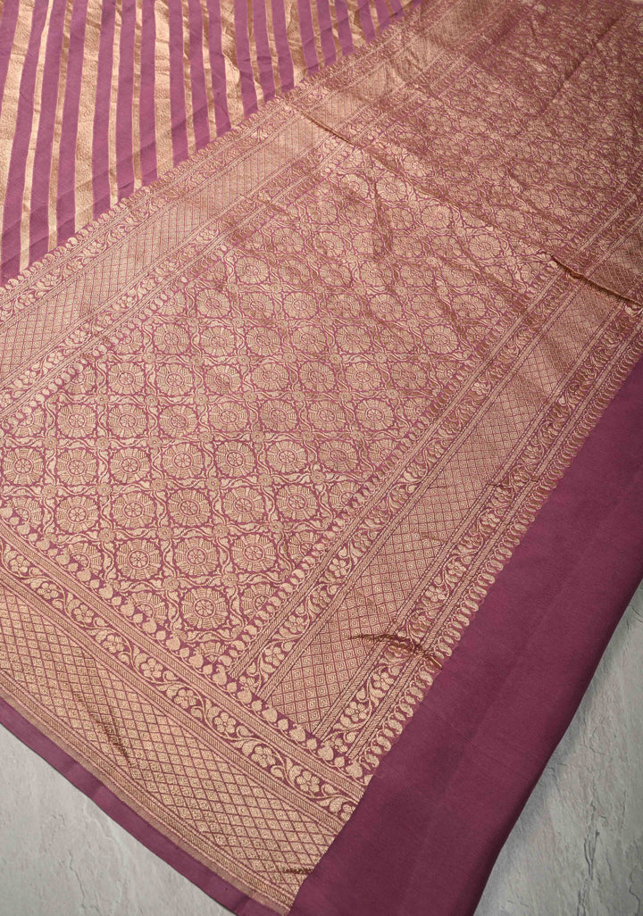 Mauve Banarasi Georgette Silk Saree with Diagonal Stipes and Zari Border | SILK MARK CERTIFIED