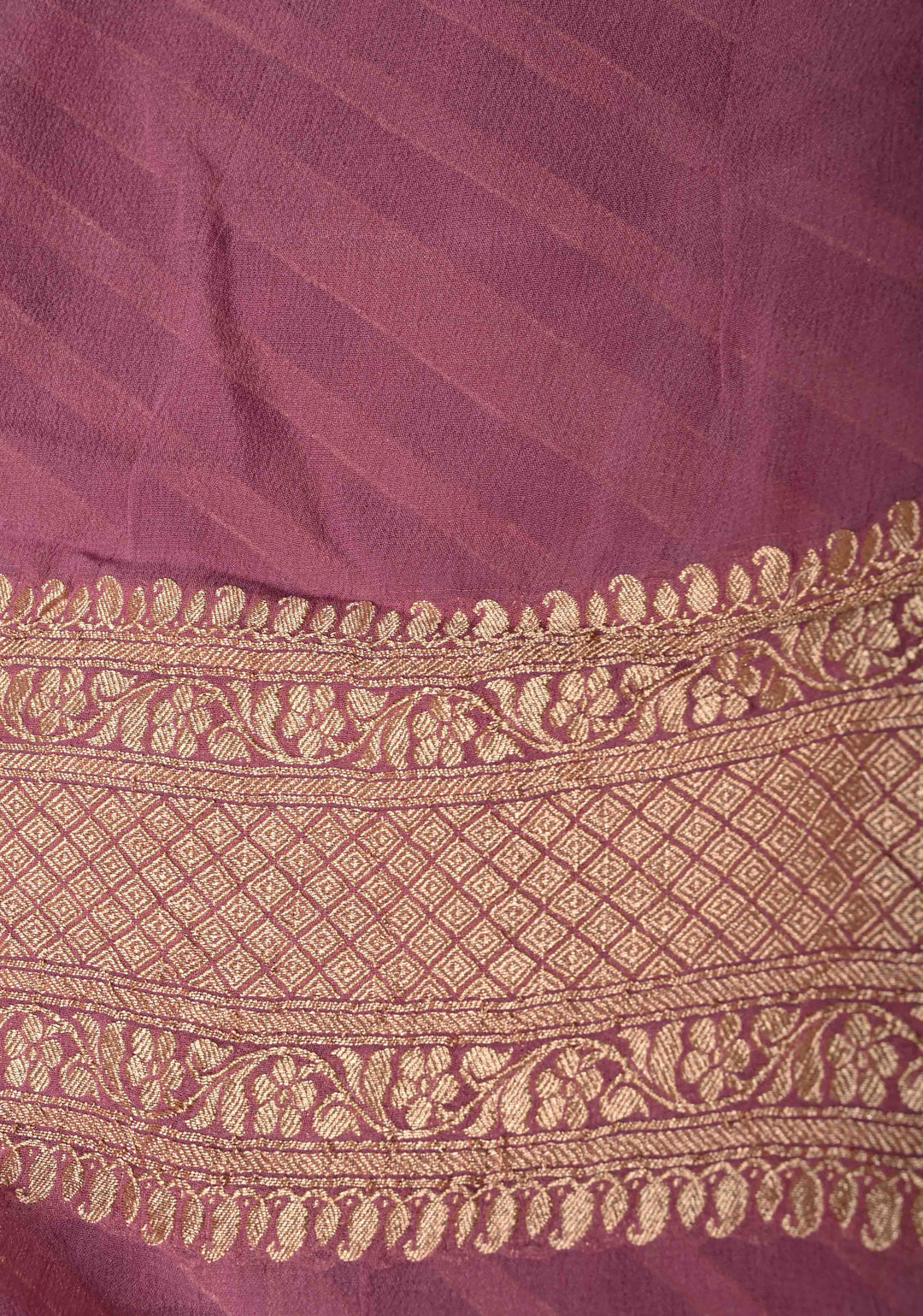 Mauve Banarasi Georgette Silk Saree with Diagonal Stipes and Zari Border | SILK MARK CERTIFIED