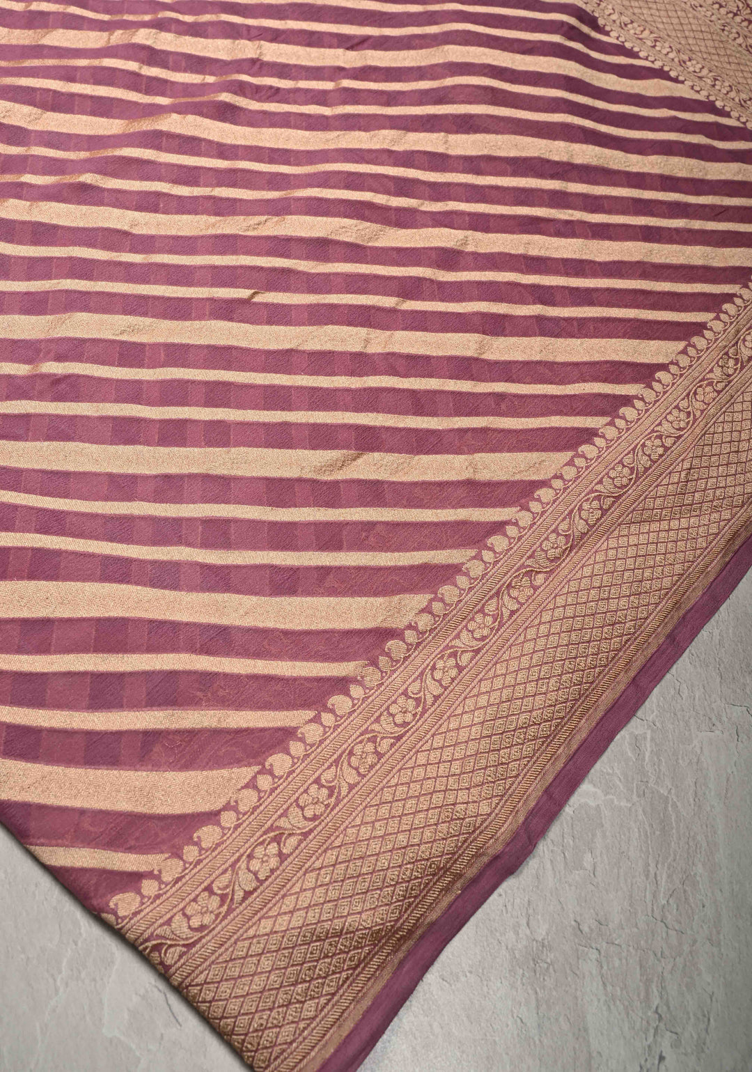 Mauve Banarasi Georgette Silk Saree with Diagonal Stipes and Zari Border | SILK MARK CERTIFIED
