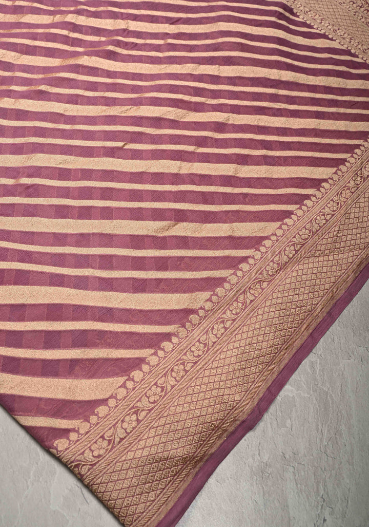 Mauve Banarasi Georgette Silk Saree with Diagonal Stipes and Zari Border | SILK MARK CERTIFIED